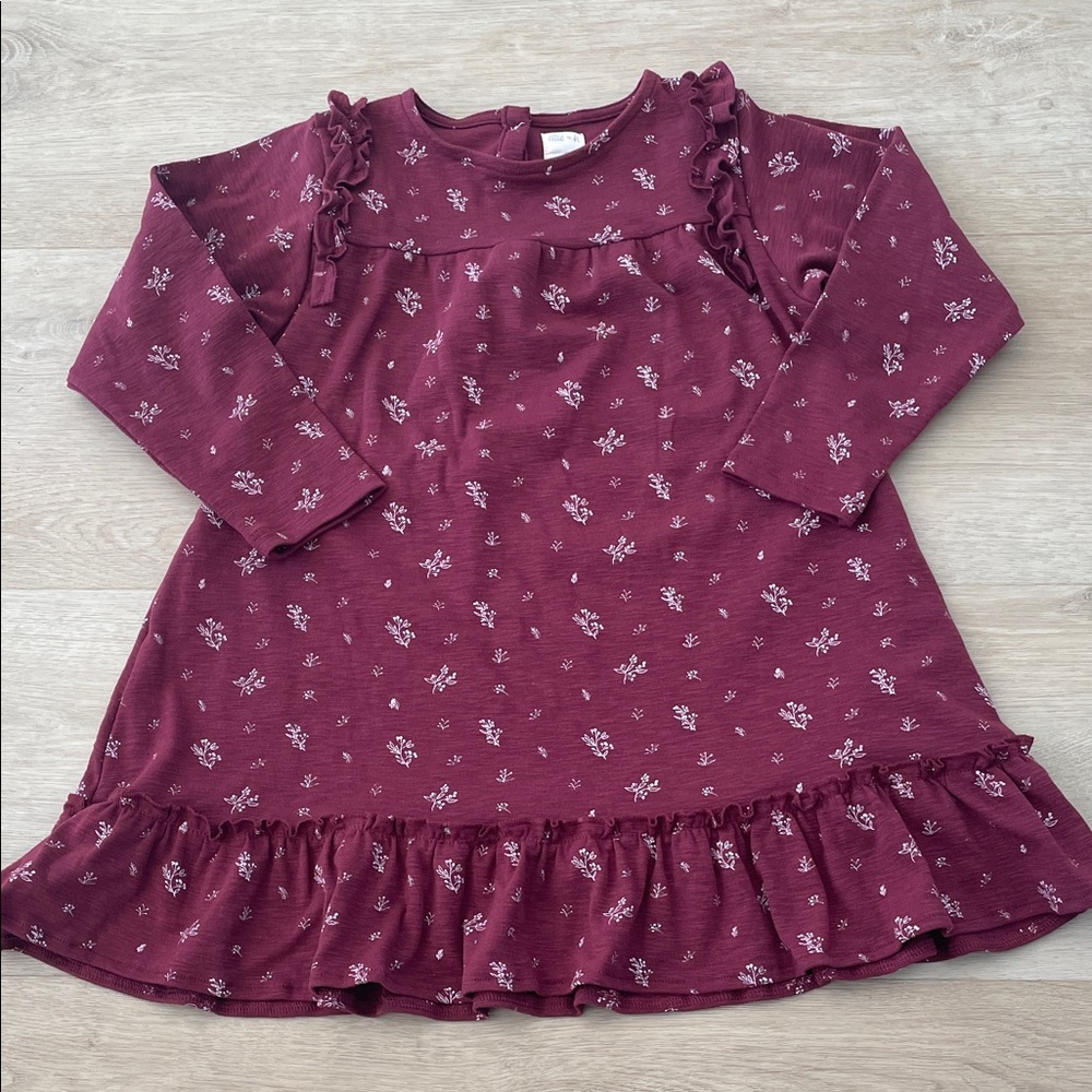Burgundy Floral Kids Dress with Ruffles